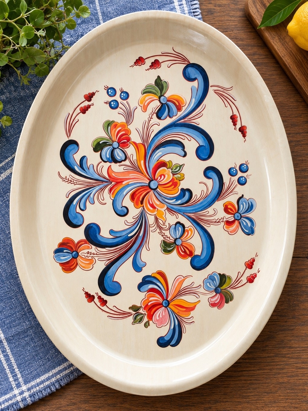 Skandinavisk Hemslojd Sweden Birch Wood Oval Tray Rosemaling Anna Linderholm 13"